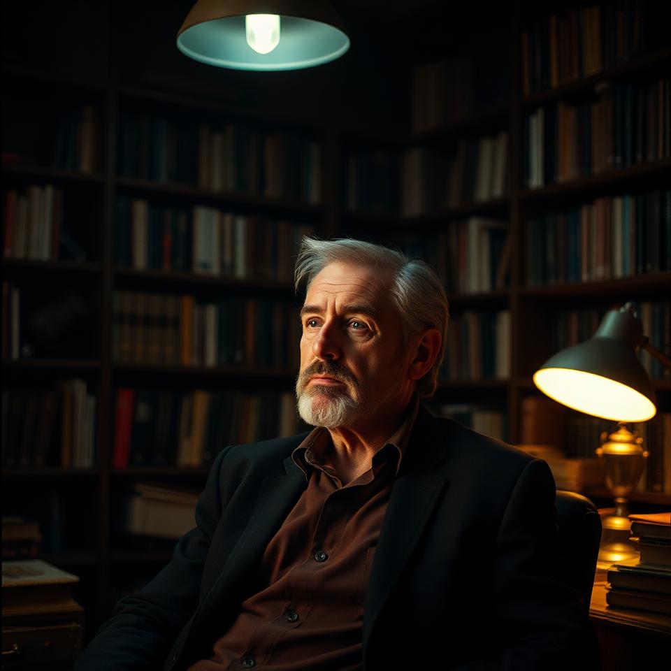 Morgan Slade in his study, surrounded by bookshelves